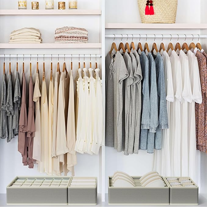 Drawer Organizer Clothes Set, 4 Pack Foldable Dresser Closet Dividers (6/8/7/24-Cell), Non-Woven Underwear & Sock Drawer Organizer, Bra/Tie/Belt Storage Bins (Light Grey)
