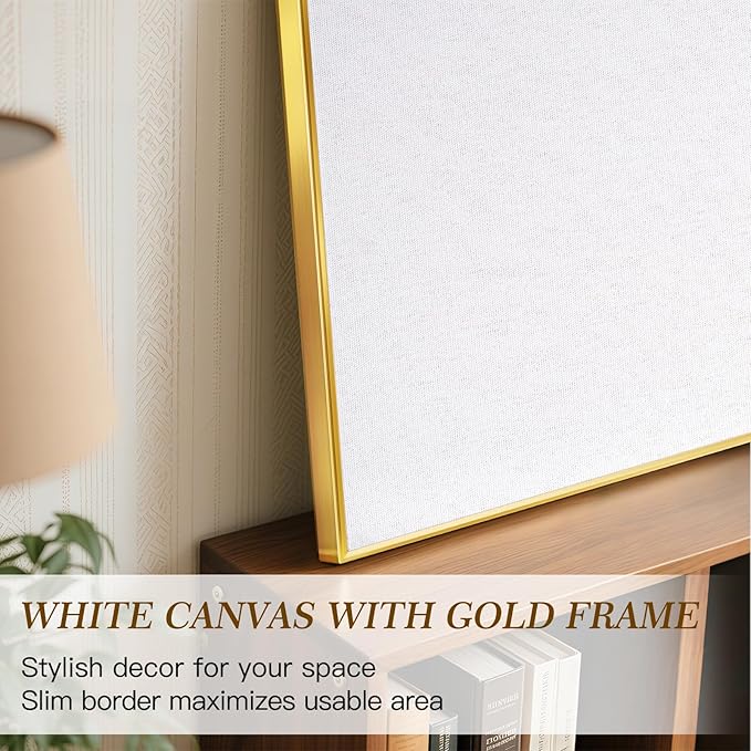 Linen Bulletin Board 24 x18 Inches, White Pin Board Vision Board, Gold Aluminum Framed Fabric Cork Board for Home Office Wall Decor, 10 Push Pins