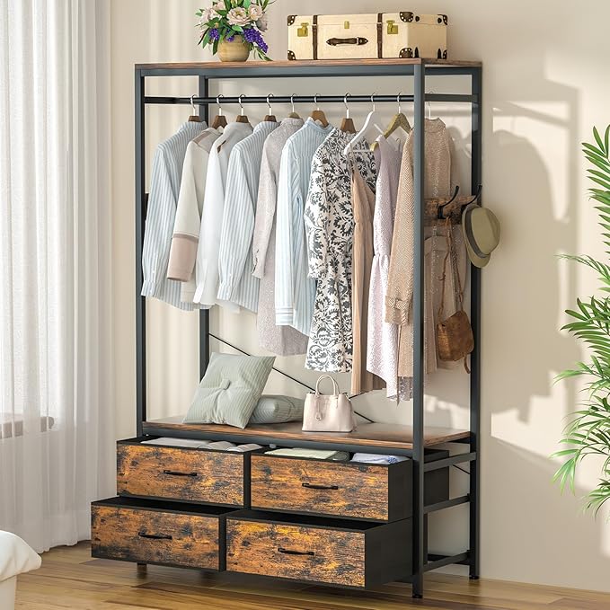 Freestanding Clothes Rack, Garment Holder for Hanging, Heavy Duty Closet Organizer with 4 Drawers, 4 Hooks and Shelves, Wardrobe Storage for Bedroom, Living Room