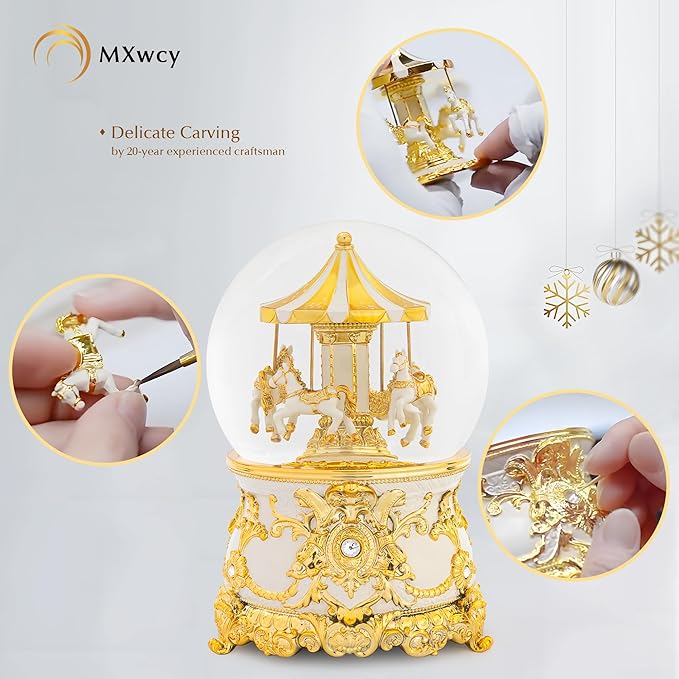Carousel Music Box Gold & Ivory Christmas Snow Globes, 7.1" Glass Rotate Carousel Snow Globe for Kids & Adults, Classic Wind up Musical Snow Globe Birthday Gifts, Carousel Horse Home Decor
