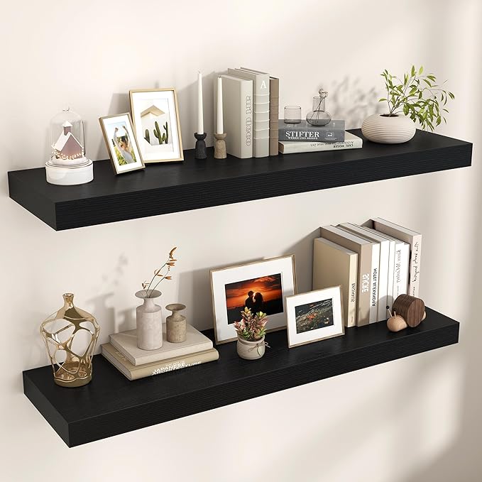 Venusmiles Floating Shelves for Wall, 48" W x 12" D x 2" H, 2 Pack of Long Wall Mounted Engineered Wood Shelves with Invisible Brackets for Living Room, Bedroom, Bathroom, Kitchen Decor, Black