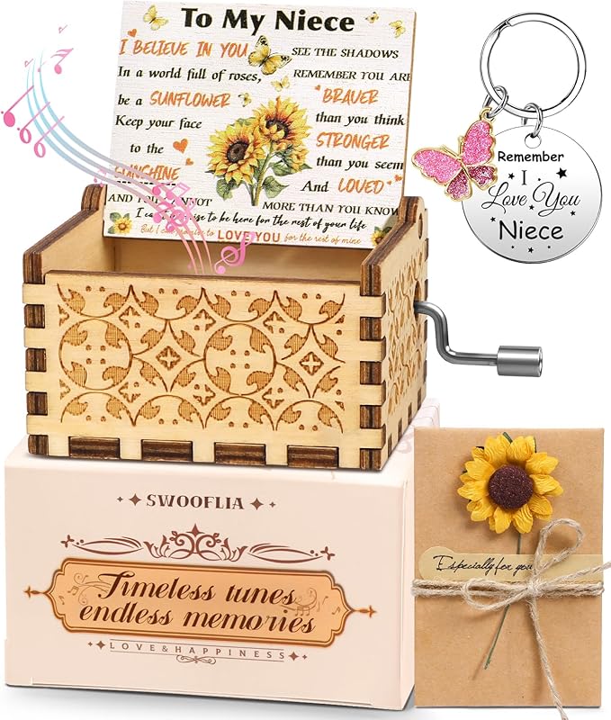 Swooflia Mother's Day Wooden Music Box for Niece with Sunflower Greeting Card - Hand Crank Engraved Musical Box Vintage Mechanism Personalized Gifts for Women On Birthday