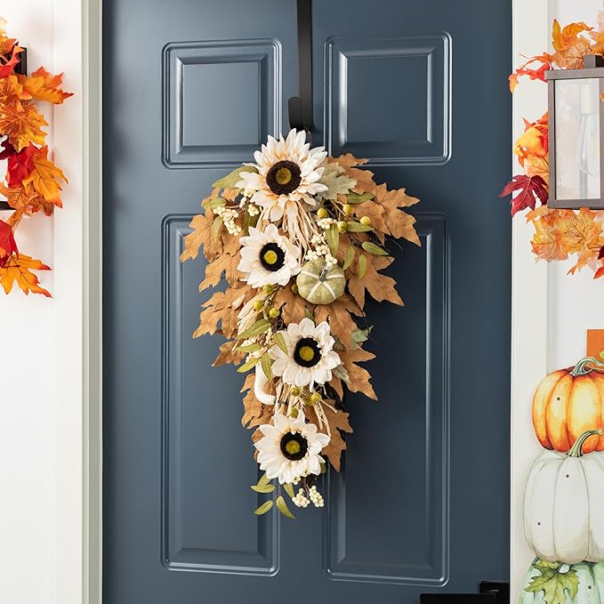 Glitzhome 2 Pcs Fall Teardrop Swags for Front Door, 28''H Autumn Swag with Neutral Sunflower, Pumpkin and Leaf, Fall Swags for Front Door, Thanksgiving Harvest Festivals Decor