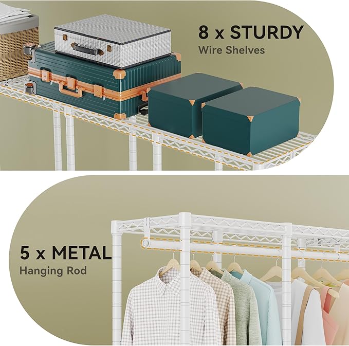 H5 Extra Large Heavy Duty Clothes Rack, Wire Garment Rack, Freestanding Clothing Rack for Hanging Clothes, Wardrobe Closet with Adjustable Shelf, 93.3" Wx15.7 Dx75.4 H, White, Load 1400 lbs