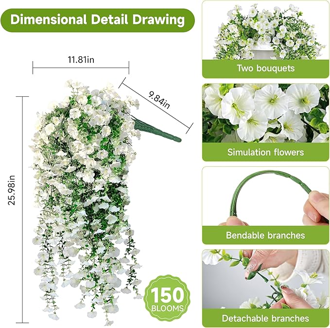 Artificial Hanging Flowers for Outdoors, 4 PCS UV Resistant Faux Plants Silk Realistic 150 Morning Glory Each Vines, Fake Plastic Floral for Garden Patio Spring Summer Decor, White