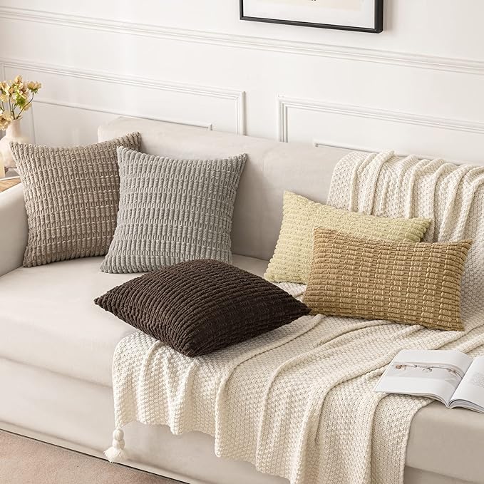 MIULEE Pack of 2 Corduroy Decorative Euro Sham Throw Pillow Covers 24x24 Inch Soft Boho Striped Pillow Covers Modern Farmhouse Home Decor for Sofa Living Room Couch Bed Dark Brown