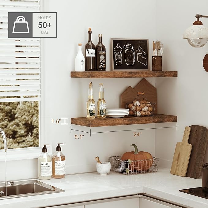 Vivelove Floating Shelves for Wall, 24 inch Wall Shelves for Bathroom Bedroom, Living Room, Kitchen, Office, Rustic Farmhouse Shelf Decor with Invisible Bracket, 24x9x1.6, Set of 2, Rustic Brown