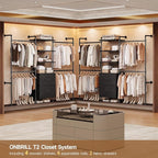 ONBRILL T2 Wall Mounted Industrial Pipe Clothing Rack, Closet Organizers and Storage System with 2 Drawers, 6 Wooden Shelves & 4 Expandable Rods, Heavy Duty Garment Rack, Wardrobe (Black))