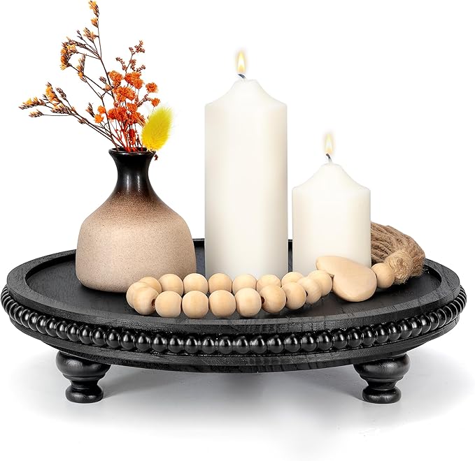 EOSAHR Rustic Round Pine Wooden Display Riser - Farmhouse Wood Riser with Beaded Edge for Plant Stand - Best Boho Chic Decor for Coffee Table , Pedestal Stand Soap Dispenser & Room Decor(Black)