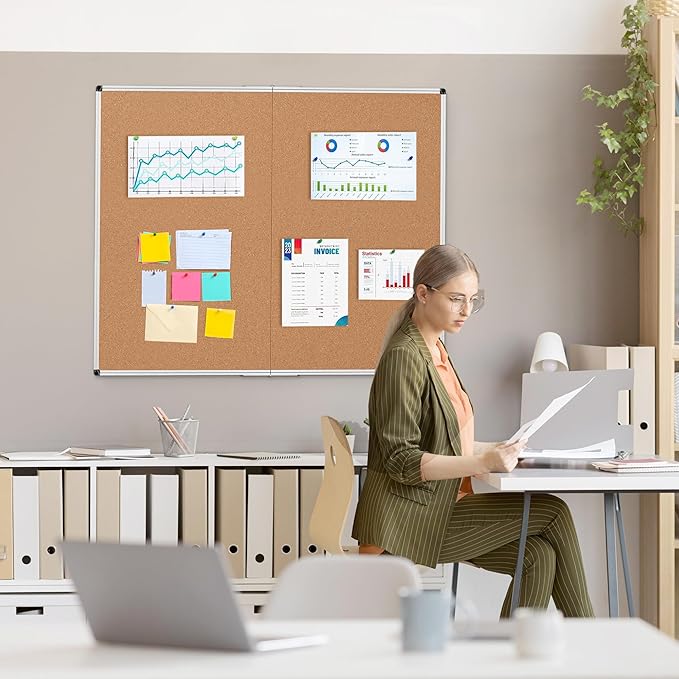 Extra Large Cork Bulletin Board 48" X 48", Foldable Notice Pin Board for Wall, Silver Aluminum Framed 4'x4' Corkboard, Wall Mounted Noticeboard with 36 Push Pins for School, Home & Office