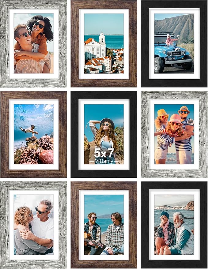 Vittanly 5x7 Picture Frames Set of 9, Display 4x6 Pictures with Mat or 5x7 without Mat, Photo Frames for Wall or Tabletop with Plexiglass, Engineered Wood, Black&Brown&Grey