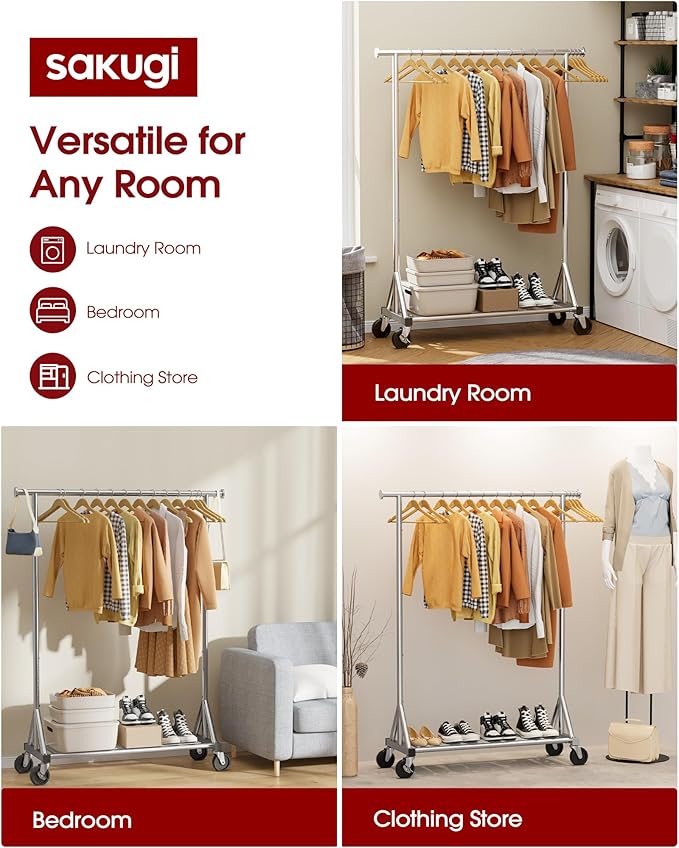 Heavy Duty Stainless Steel Rolling Clothes Rack with Mesh Shelf, Lockable Wheels & Anti-Slip Stoppers, Large Capacity Clothing Organizer for Bedroom, Laundry Room, 42.5" x 16.5" x 65.9", Silver
