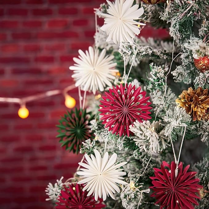 EASY JOY Red White Green Christmas Hanging Decorations - 9Pcs 3D Christmas Tree Paper Hanging Decor Snowflake Ornaments Christmas Decorations Outdoor Indoor for Xmas Party New Year Window Door