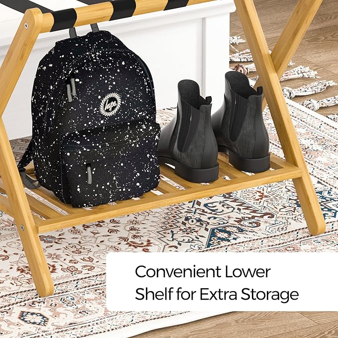 Luggage Racks Suitcase Stand Foldable With Storage Shelf For Guest Room Hotel Essentials Solid Bamboo Heavy-Duty Item Holder Natural