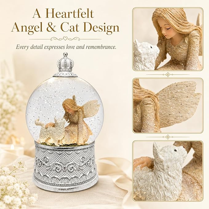 Cat Memorial Gifts for Loss of Cat Sympathy Gift, Snow Globe with Auto Swirling Glitter & 6H Timer, Battery or USB Powered, Cat Remembrance Gifts for Home Decor