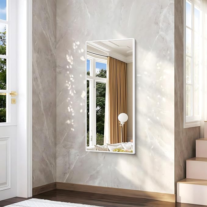 BONEWEI White Bathroom Mirror,24x48 inch Wall Mirror for Bathroom Wall Mounted,Rectangle Mirror for Bathroom Over Sink,Modern Metal Frame for Living Room,Bedroom Entryway,Horizontal/Vertical