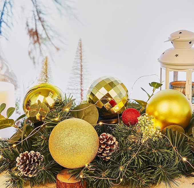 Emopeak 4Pcs Christmas Balls Ornaments for Xmas Christmas Tree - 4 Style Shatterproof Christmas Tree Decorations Hanging Ball for Holiday Wedding Party Decoration (Gold, 4"/10CM)