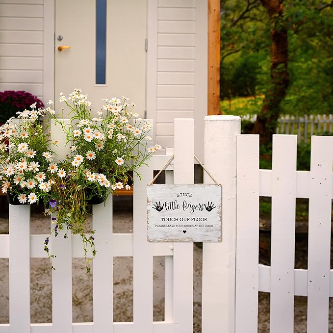 Wall Pediments Shoes Off Sign,Shoes Off Sign for Front Door,Since Little Fingers Touch Our Floor Door Sign,Shoes Off Hanging Welcome Sign for Front Door,6x12 Inches，Wood Grain-2