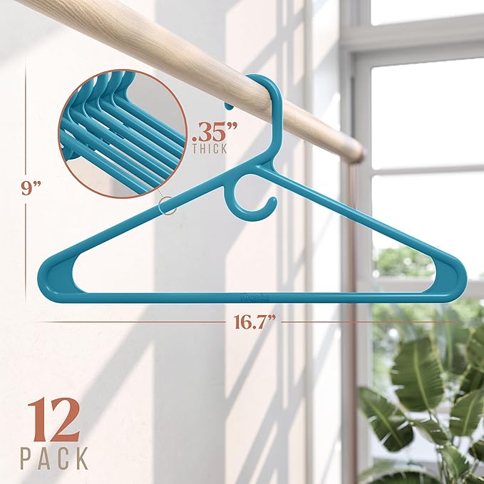NEATERIZE Thick Heavy Duty Hangers - Blue Plastic Clothes Hangers 12 Pack - Great for Coat Hanger, Jackets Jeans & Suit Hanger for Closet - New Apartment Essentials Percheros Ganchos para Colgar Ropa