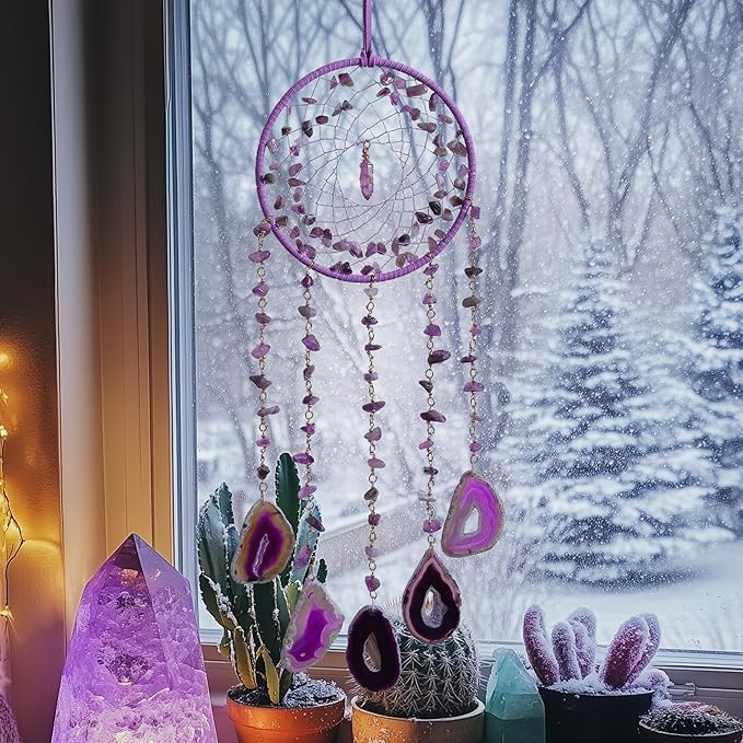 Purple Dream Catchers Amethyst Crystal Dreamcatcher Sun Catchers with Crystals Wall Window Hangings Bedroom Home Decor Gift for Girls Boys Adults