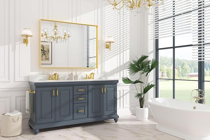 Keonjinn Gold Bathroom Mirror 48 x 36 Inch, Brushed Gold Metal Framed Mirror, Rectangular Square Corner Large Vanity Mirrors for Wall, Oversized Rectangle Mirrors for Over Sink