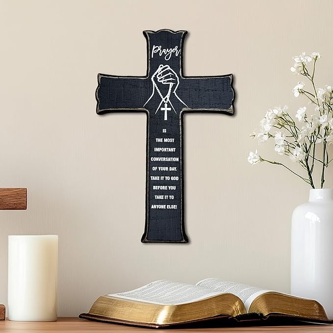 Cross Wall Decor - Black Scripture Wooden Cross For Wall - Gothic Wooden Hanging Signs Easter Decor for Home Office Church Baptism - Christian Gifts for Men Women (Prayer) - A09