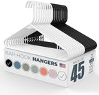 Neaties Plastic Hangers 45 Pack - Made in the USA - 6lb Capacity Standard Clothes Hangers with Strap Hooks for Dresses, Lingerie, Shirts, Pants, and Jackets - White & Black