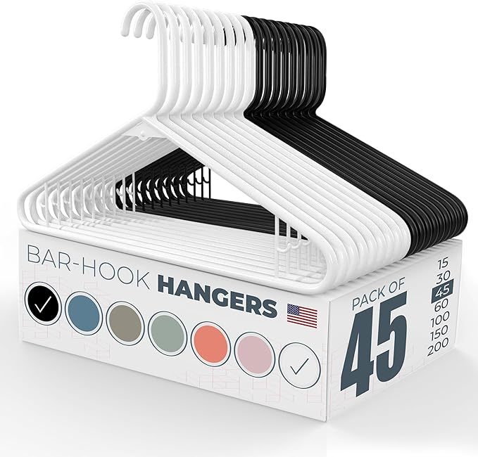 Neaties Plastic Hangers 45 Pack - Made in the USA - 6lb Capacity Standard Clothes Hangers with Strap Hooks for Dresses, Lingerie, Shirts, Pants, and Jackets - White & Black
