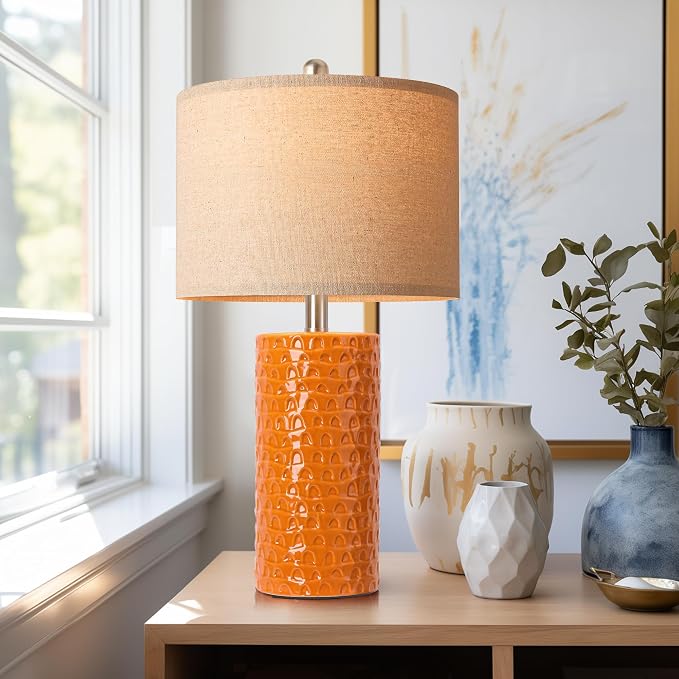 PARTPHONER 23" Modern Ceramic Table Lamp Set of 2, Table Lamps for Living Room, Rustic Farmhouse Bedside Lamps Nightstand lamp for Bedroom, Desk Lamp for End Table Home Decor Orange
