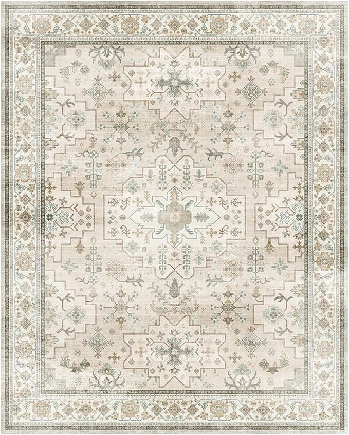 Lessymo Farmhouse Washable 8x10 Area Rugs for Living Room, Bedroom, Dining Room Rug for Under Table, Home Office, Non-Slip Stain Resistant Vintage Floral Large Carpet, Beige Brown