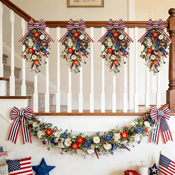 TEMPUS Patriotic Floral Swag Wreath 2-Pack, 22" Red White Blue Artificial Daisy Teardrop Swags with Striped Bow, Handcrafted Patriotic Door Decor for 4th of July Independence Day, Memorial Day