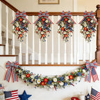 TEMPUS Patriotic Floral Swag Wreath 2-Pack, 22" Red White Blue Artificial Daisy Teardrop Swags with Striped Bow, Handcrafted Patriotic Door Decor for 4th of July Independence Day, Memorial Day