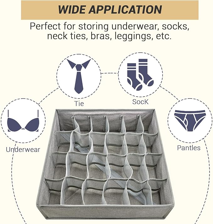 PINGMIC Gray Sock Organizer Divider 4 Pack - 24 Cell Foldable Closet Storage, Tie Organizer For Men Boxes for Socks, Ties, Belts
