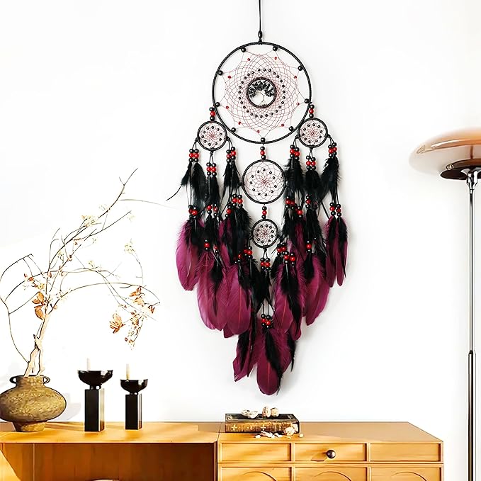 Large Dream Catchers, Boho Handmade Native Macrame Dream Catchers Wall Hanging for Bedroom Living Room Dorm Room Decor, Adults Wedding Party Decor, Festival Blessing Gift (Red & Black)