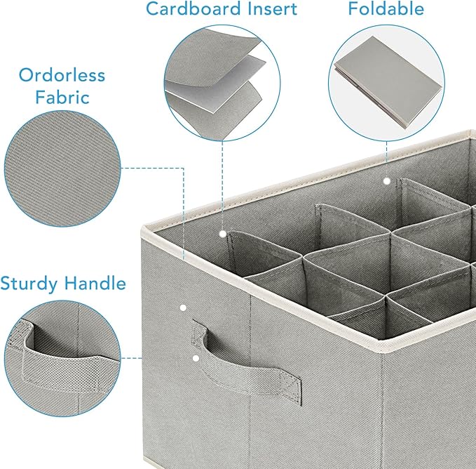 3 Pcs 12 Cell Large Size Pants Organizers for Clothes, Jeans, Sweater, T-shirt, Dress Stackable for Wardrobe Closet Drawer Organizer Storage Bin Container, Grey