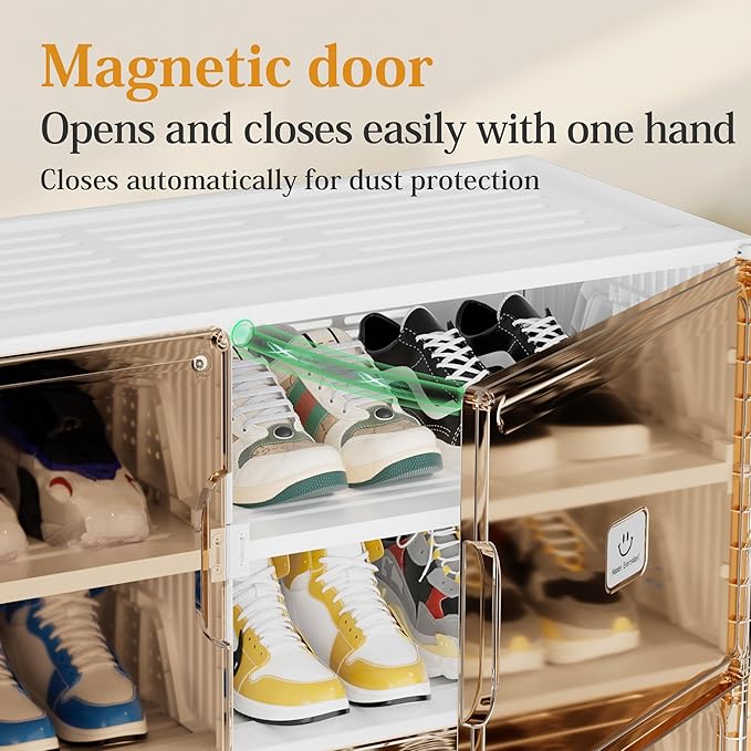 Foldable Shoe Rack Organizer for Entryway with Clear Magnetic Doors - Large Capacity Shoe Cabinet for Boots, Sneakers & All Shoes, Easy Assembly, White 10-Tier 40 Pairs