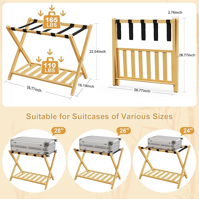 Luggage Racks Set of 2, Bamboo 26.77" Luggage Rack Stand for Guest Room, 5 Nylon Straps, Foldable Suitcase Stand with Storage Shelf for Bedroom Hotel, Holds up to 165 Lbs
