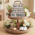 Yuntau 4 Pcs Farmhouse Wooden Tabletop Decor Bible Verse Tiered Tray Decorations Rustic Religious Christian Gift Block Sign Pray on It Centerpiece for Easter Home Kitchen Shelf Office Desk Decor
