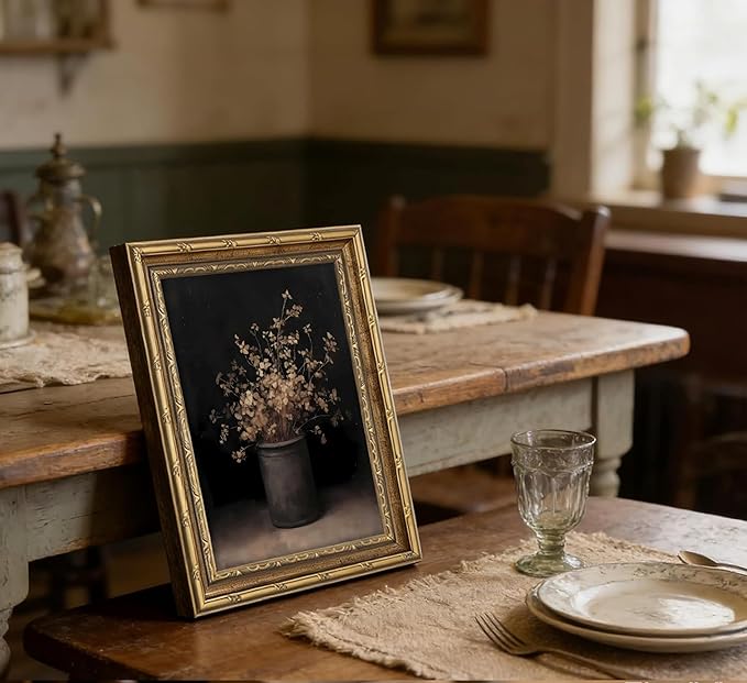 Vintage Gold Framed Wall Art Fall Dried Flowers Antique Vase Country Oil Painting Canvas Prints Dark Moody Rustic Still Life Picture Gothic Victorian Botanical Poster Artwork for Bedroom, 12x16in