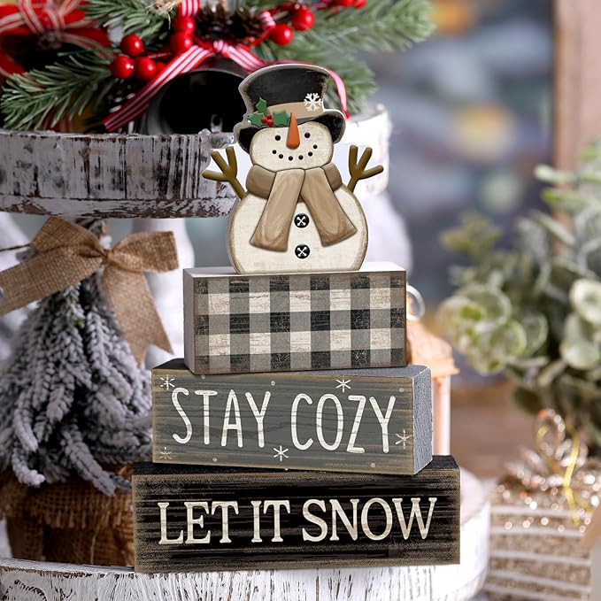 Yuntau 4 Pcs Winter Table Decorations Wooden Snowman Winter Tiered Tray Decor Rustic Block Signs Gift Farmhouse Christmas Centerpiece for Tables Party Kitchen Shelf Home