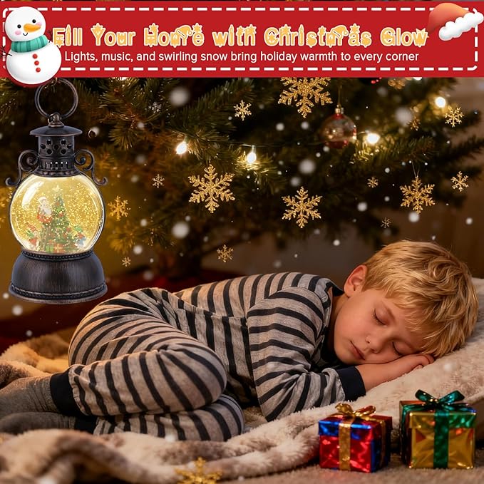 Christmas Snow Globe Lantern - Lighted Musical Water Globes with 6H Timer, Glittering Swirling Santa & Gnomes Scene, Battery/USB Powered Holiday Decoration for Indoor Christmas Decor & Gifts