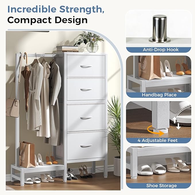 OLIXIS 4 in 1 Storage with Hanging Rack, Clothes Rack Shoes Rack, Bag Hook, Tall Storage Tower, Sturdy Frame for Bedroom Entryway Living Room White