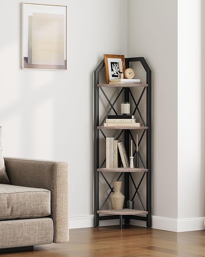 CHOEZON 4-Tier Corner Shelf, Industrial Corner Bookshelf, 47.6" Corner Storage Stand, Plant Stand Display Shelf, Corner Bookcase for Bedroom, Living Room, Home Office, Greige and Black TCJ09BG