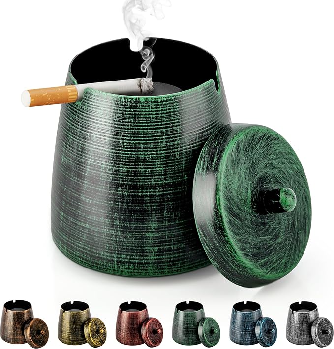 Ashtray for Cigarettes Outdoor, Outdoor Ashtray with Lid for Cigarette, Metal Odorless Windproof Smokeless AshTray for Patio Home Office Tabletop Balcony