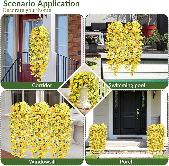 Waipfaru Artificial Petunias Flowers for Outdoors, 4 Pcs UV Resistant Fake Hanging Plants Spring Outside Decor, Faux Silk Flowers Long Trailing Vines for Outdoor Planters Porch Garden (Yellow)