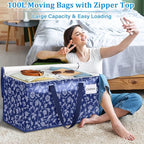 HomeHacks Moving Bags, Extra Large Size Moving Boxes, Heavy Duty Luggage Bags with Smooth Zipper and Sturdy Handles, Large Capacity & Easy Loading Storage Totes for Space Saver 100L, 8-Pack, Blue