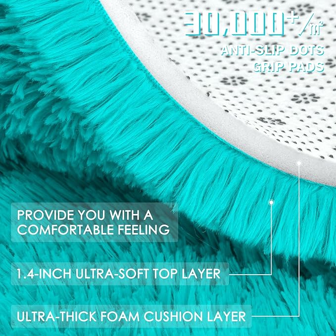 OLANLY Teal Blue Round Rugs for Bedroom - Machine Washable, 8 ft Circle Area Rugs for Living Room, Soft and Fluffy Shaggy Carpet for Teen Girls and Boys, Nursery Rooms, Dorms, Home Decor Aesthetic