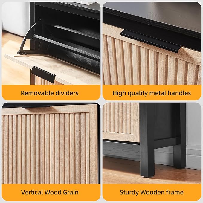 4 Flip Drawers Shoe Cabinet Storage for Entryway, Narrow Hidden Wood Shoes Organizer Cabinet Front Door Entrance Thin Free Standing Front Door Shoe Rack Storage for Entryway(Oak&Black)