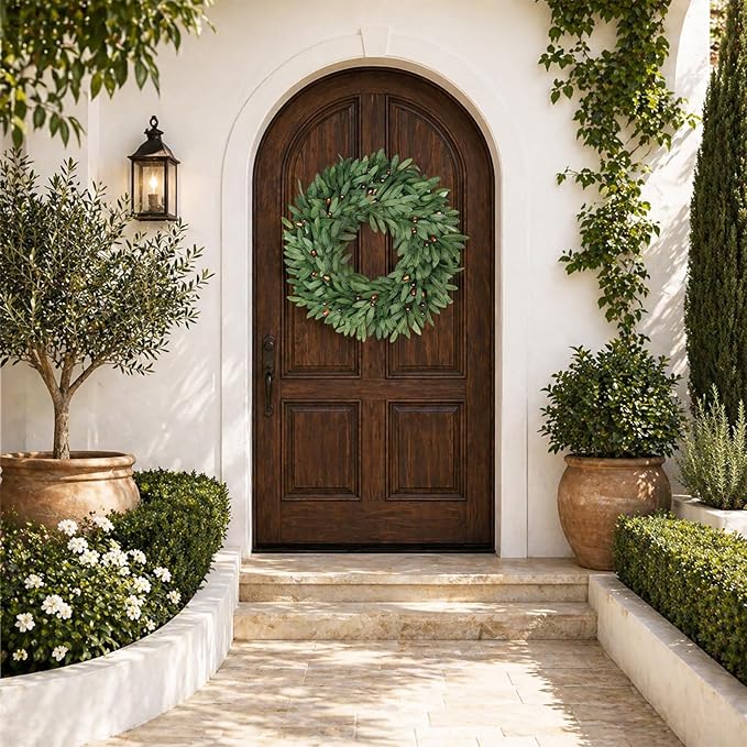 Olive Eucalyptus Wreaths for Front Door 22 Inch, Artificial Waterproof Green Olive Branch Wreath with Berry for Home Outdoor Indoor Farmhouse Window Spring Summer All Seasons