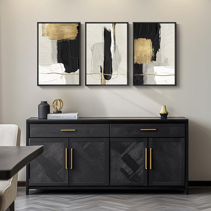 Framed Black and White Abstract Wall Art, 3 Piece Canvas Prints Paintings Artwork for Walls, Modern Minimalist Gold Beige Block Pictures for Living Room Hallway Office Wall Decor 16x24 Inch
